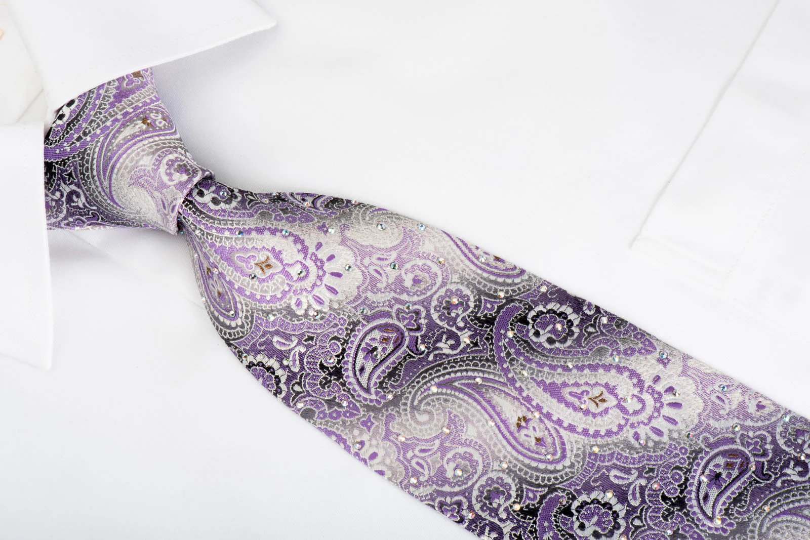 Lancetti Silk Necktie Purple Paisley On Silver With Rhinestones - Image 6