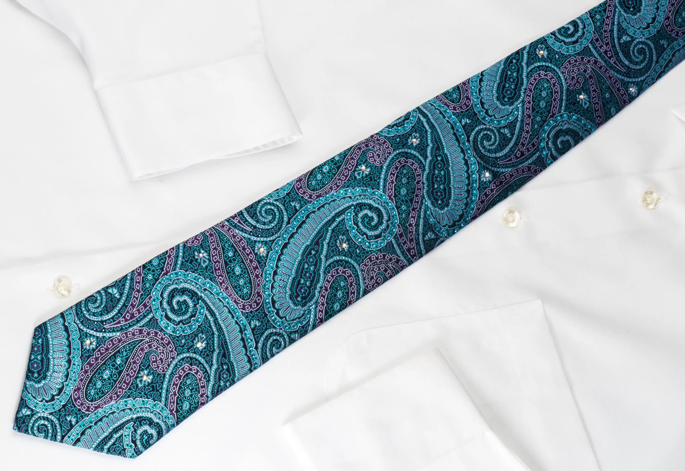 Lancetti Silk Necktie Turquoise Purple Paisley On Dark Blue With Crystal Rhinestones - Image 7