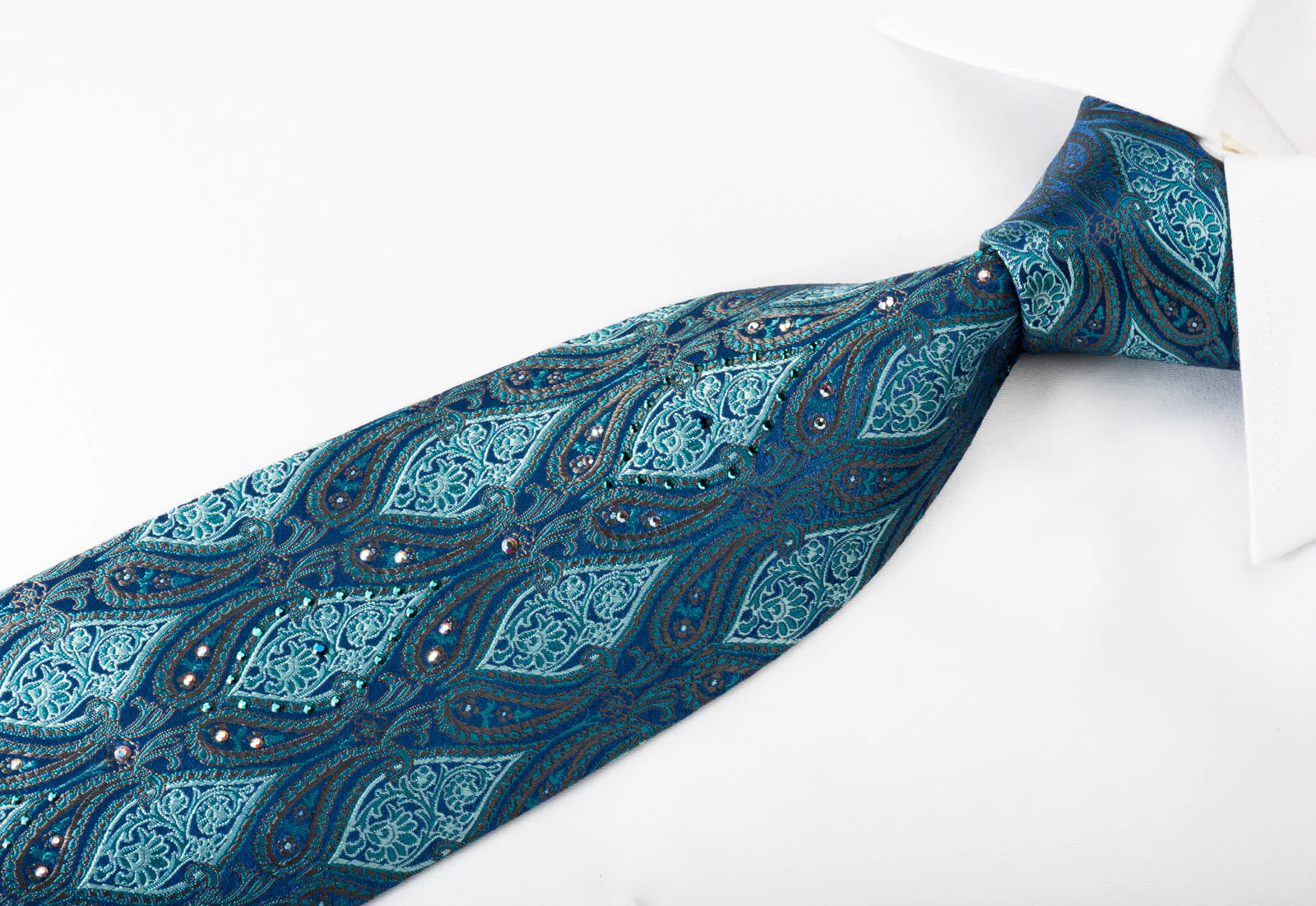 Lancetti Silk Rhinestone Necktie Anthemion Paisley On Turquoise - Image 5
