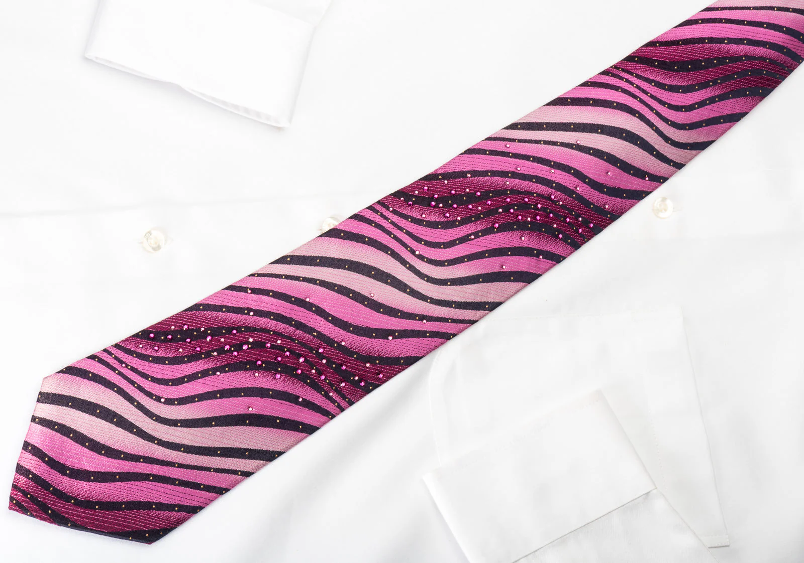 Lancetti Silk Rhinestone Necktie Pink Black Zebra Striped With Silver Sparkles - Image 4