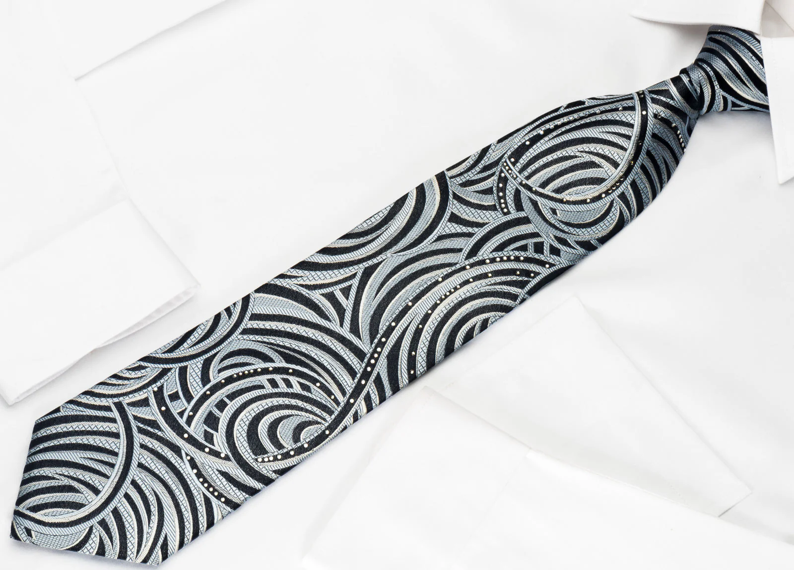 Lancetti Silk Rhinestone Necktie Silver Blue Scrolls On Black With Silver Sparkles - Image 4