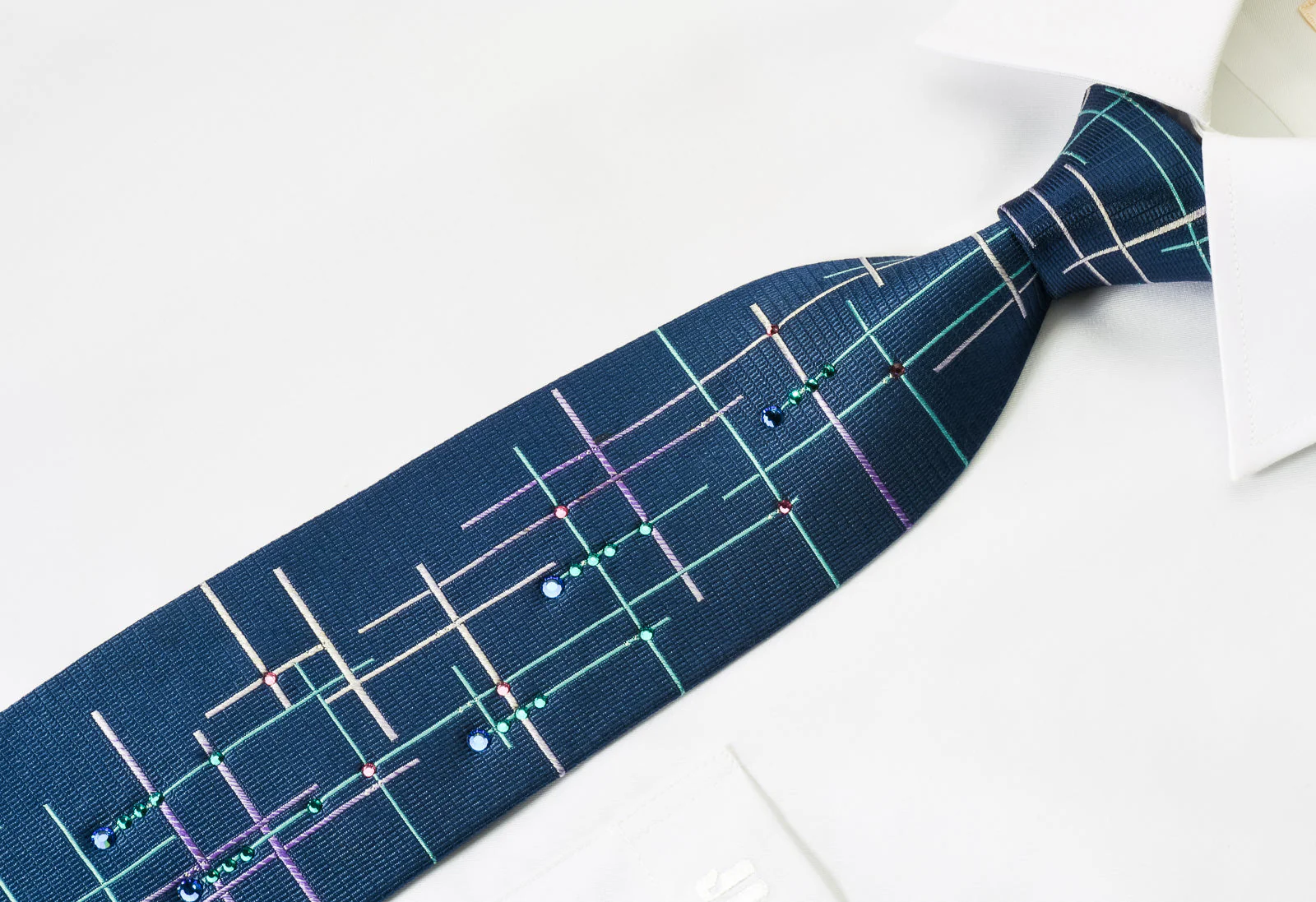 Lancetti Silk Tie Cyan Pink Lines On Woven Blue Silk With Rhinestones - Image 2