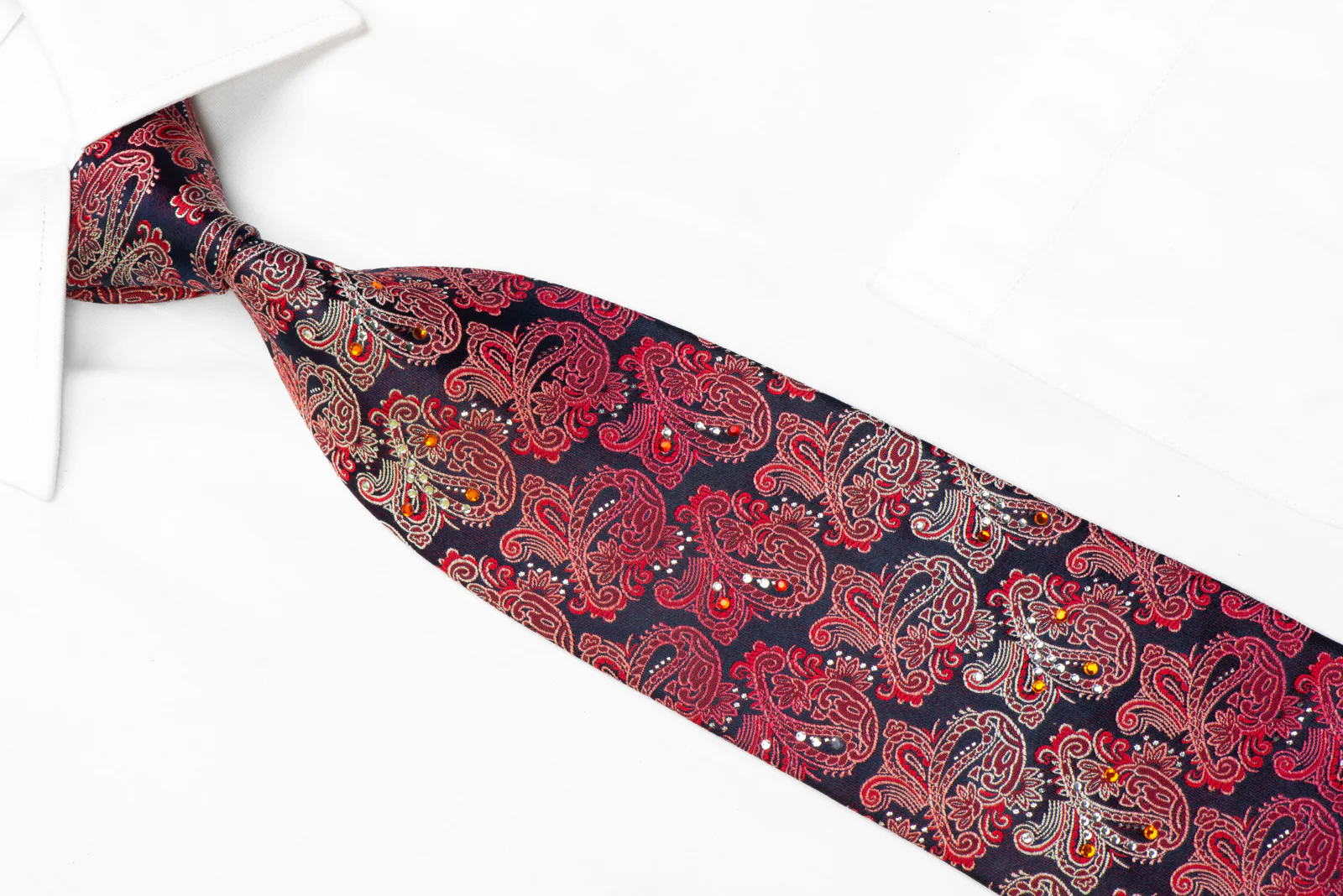 Lancetti Silk Tie Red Burgundy Paisley On Navy With Rhinestones & Sparkles - Image 2