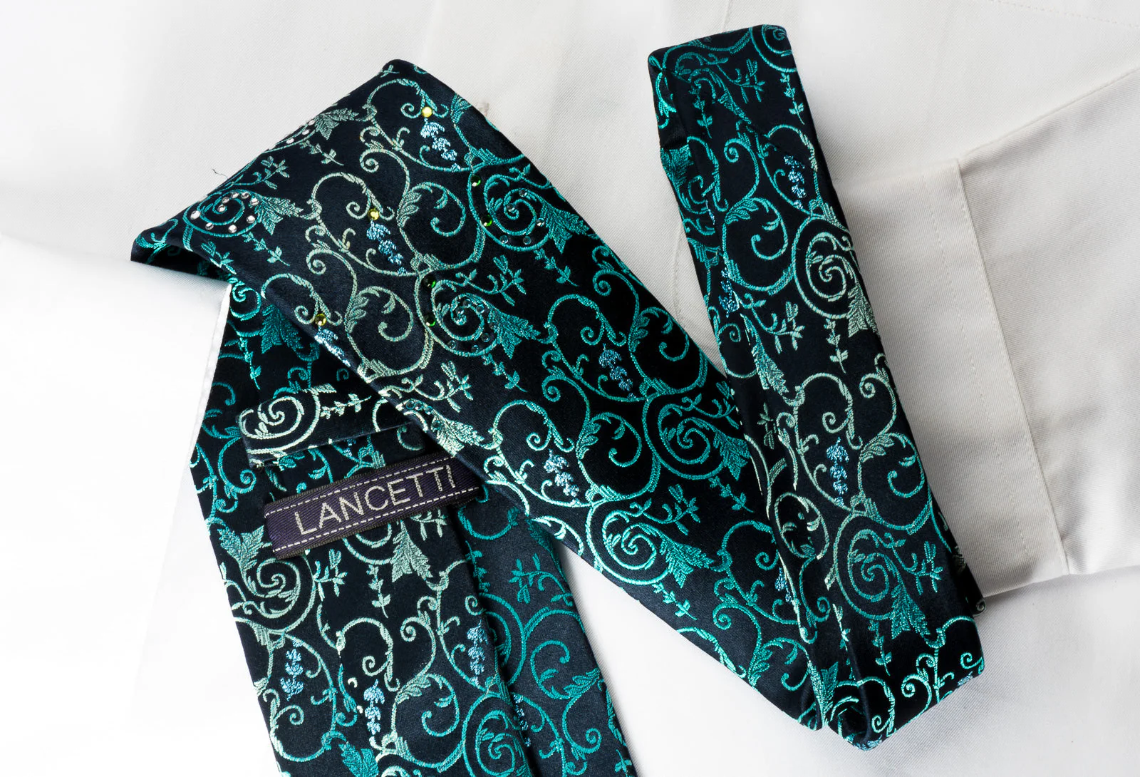 Lancetti Silk Tie Turquoise Vines On Blue With Emerald Crystal Rhinestones & Sparkles - Image 5