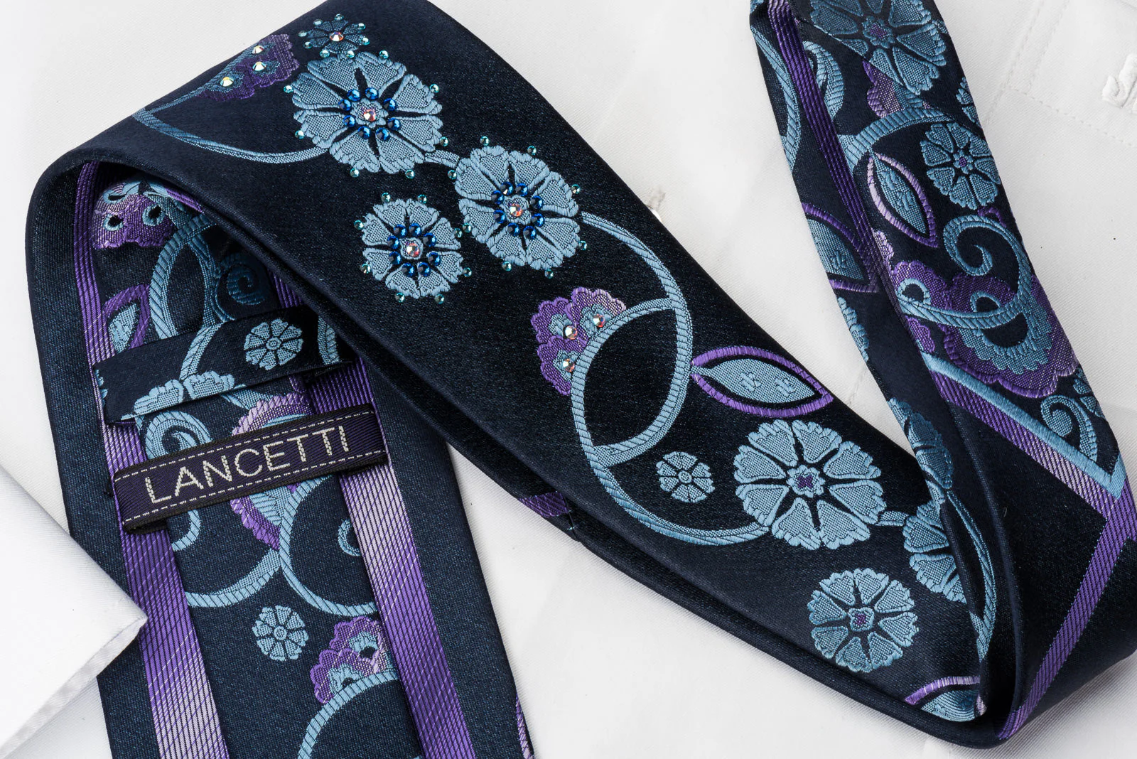 Lancetti Woven Silk Necktie Stylish Floral On Blue With Clear Blue White Crystal Rhinestones - Image 4
