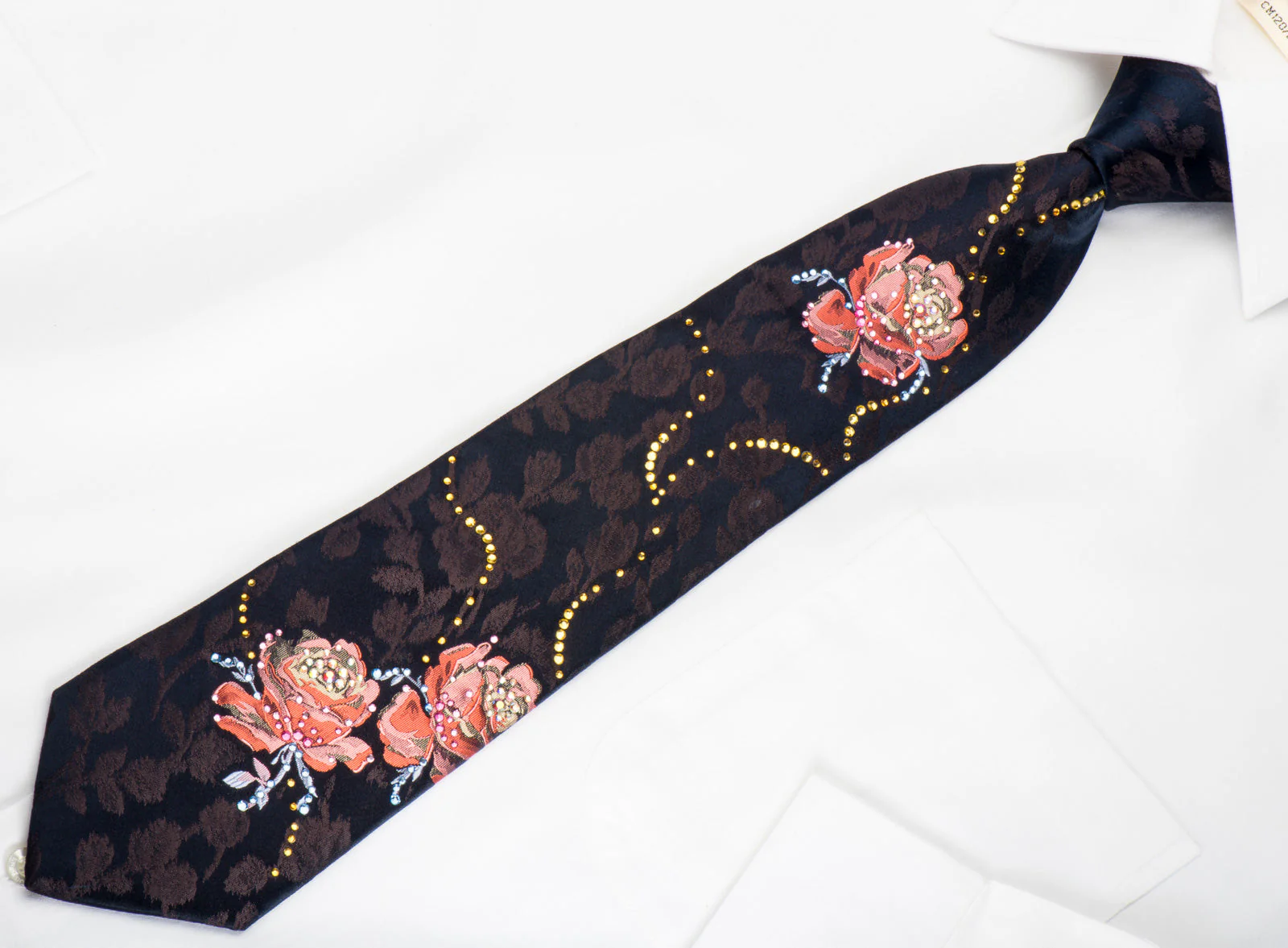 Lancetti Woven Silk Tie Pink Roses On Navy With Rhinestones - Image 3