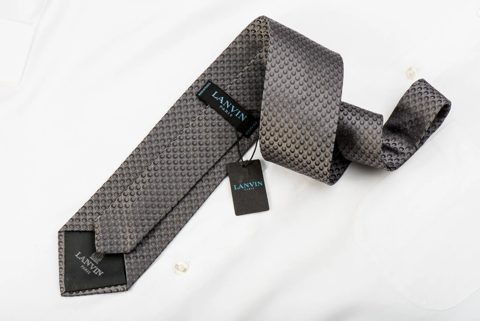 Lanvin Men's Silk Tie Black & Blue Dots On Dark Gray Silk - Image 4