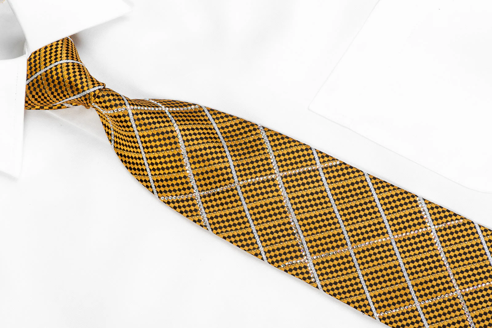 Leslie Vince Men's Rhinestone Tie Gold Black Micro Checkered - Image 2