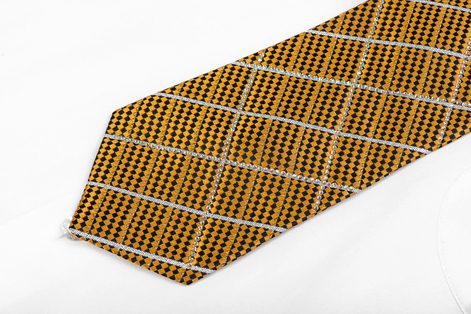 Leslie Vince Men's Rhinestone Tie Gold Black Micro Checkered - Image 3