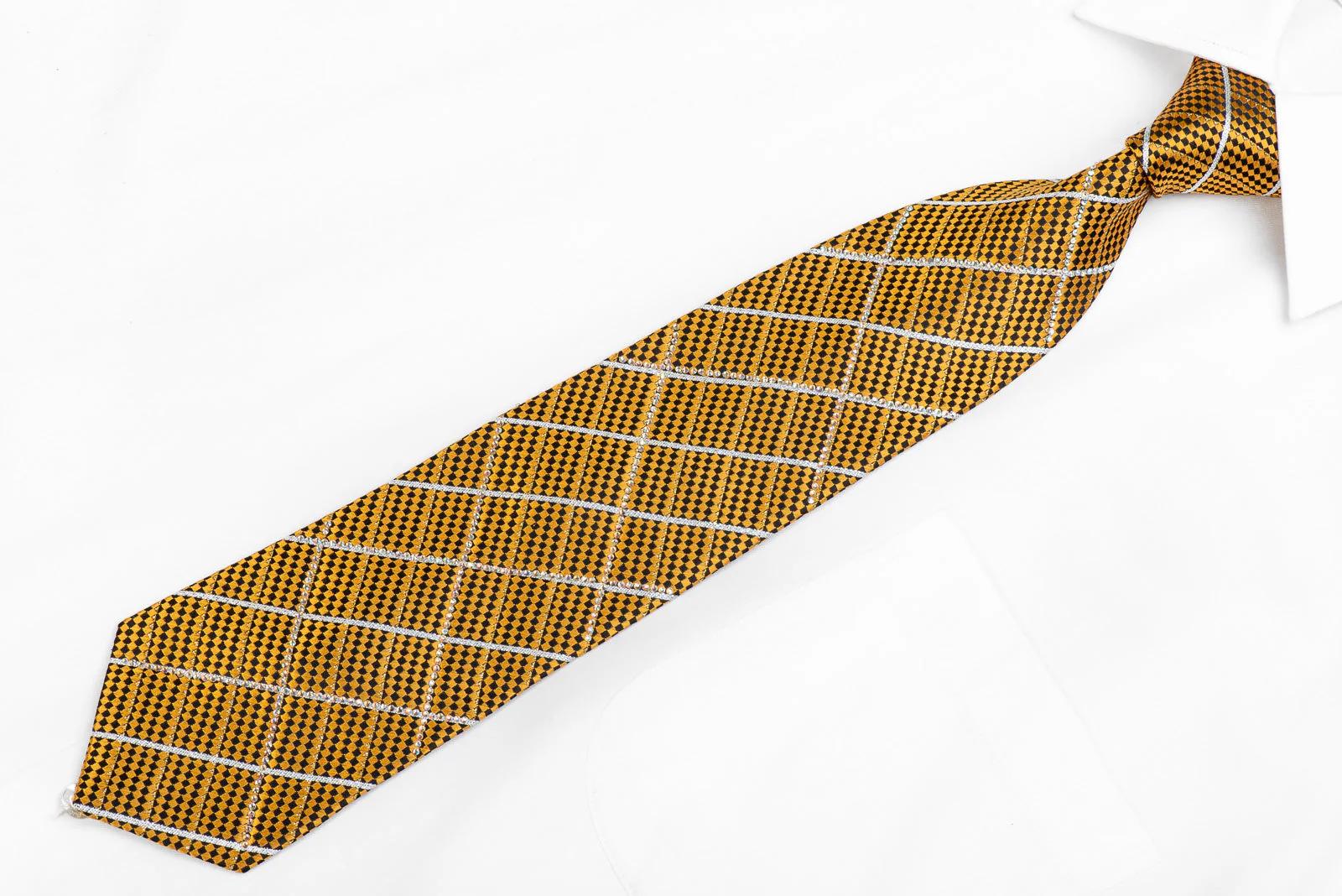 Leslie Vince Men's Rhinestone Tie Gold Black Micro Checkered - Image 4