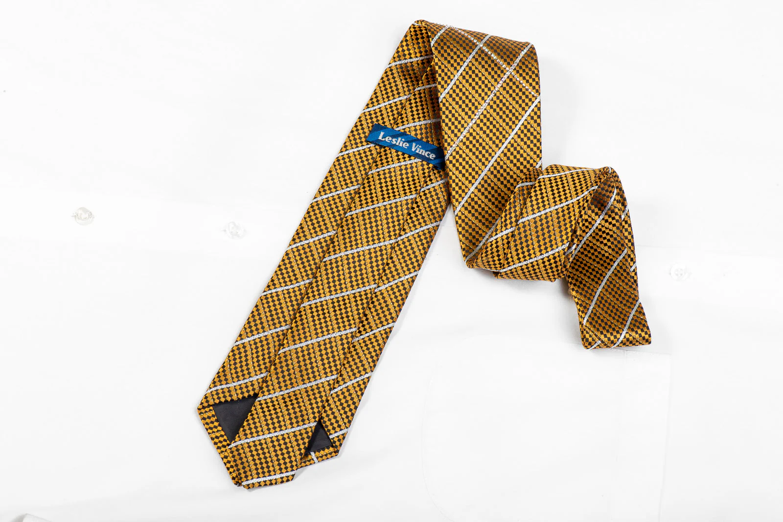 Leslie Vince Men's Rhinestone Tie Gold Black Micro Checkered - Image 6