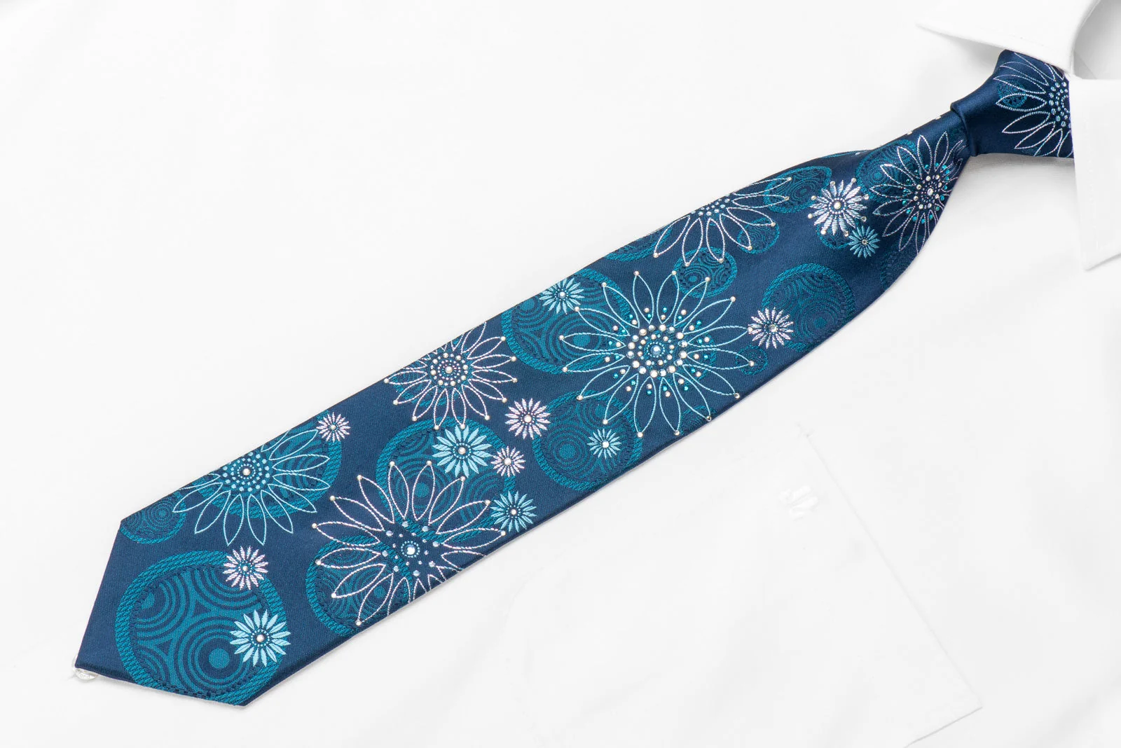 Leslie Vince Men's Crystal Silk Necktie Geometric Floral On Blue With Sparkles - Image 2