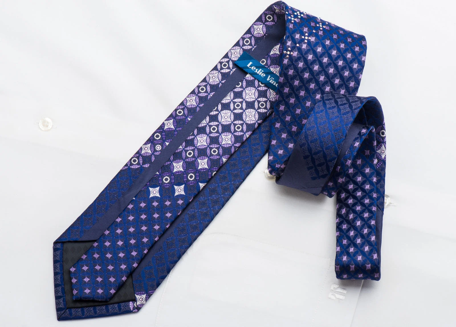 Leslie Vince Men's Rhinestone Tie Purple Geometric On Blue With Sparkles - Image 4