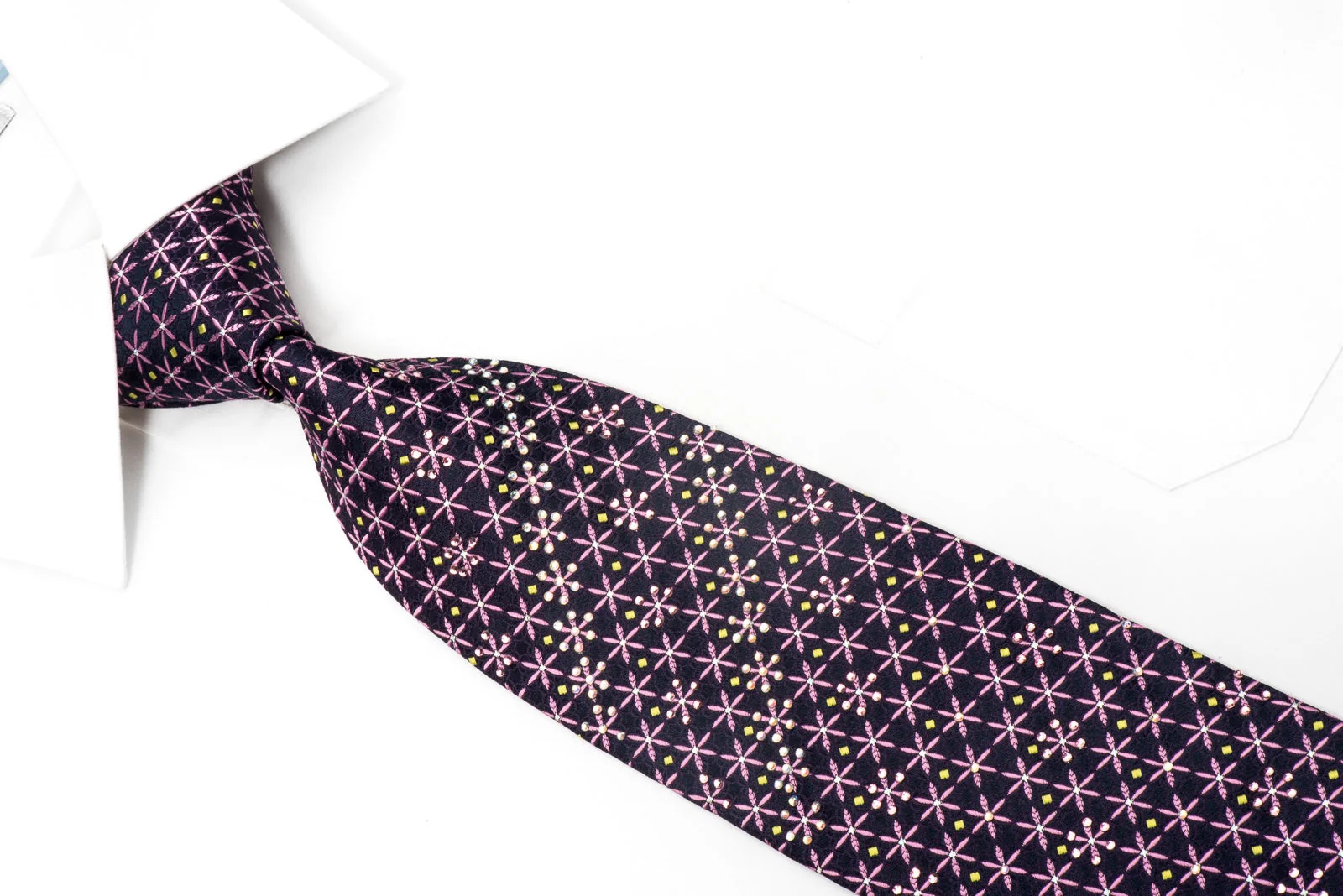 Leslie Vince Men's Silk Necktie Pink Foulard On Navy Sparkling with Rhinestones - Image 2