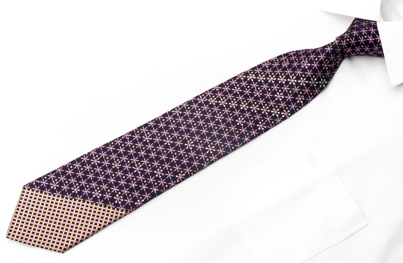 Leslie Vince Men's Silk Necktie Pink Foulard On Navy Sparkling with Rhinestones - Image 4