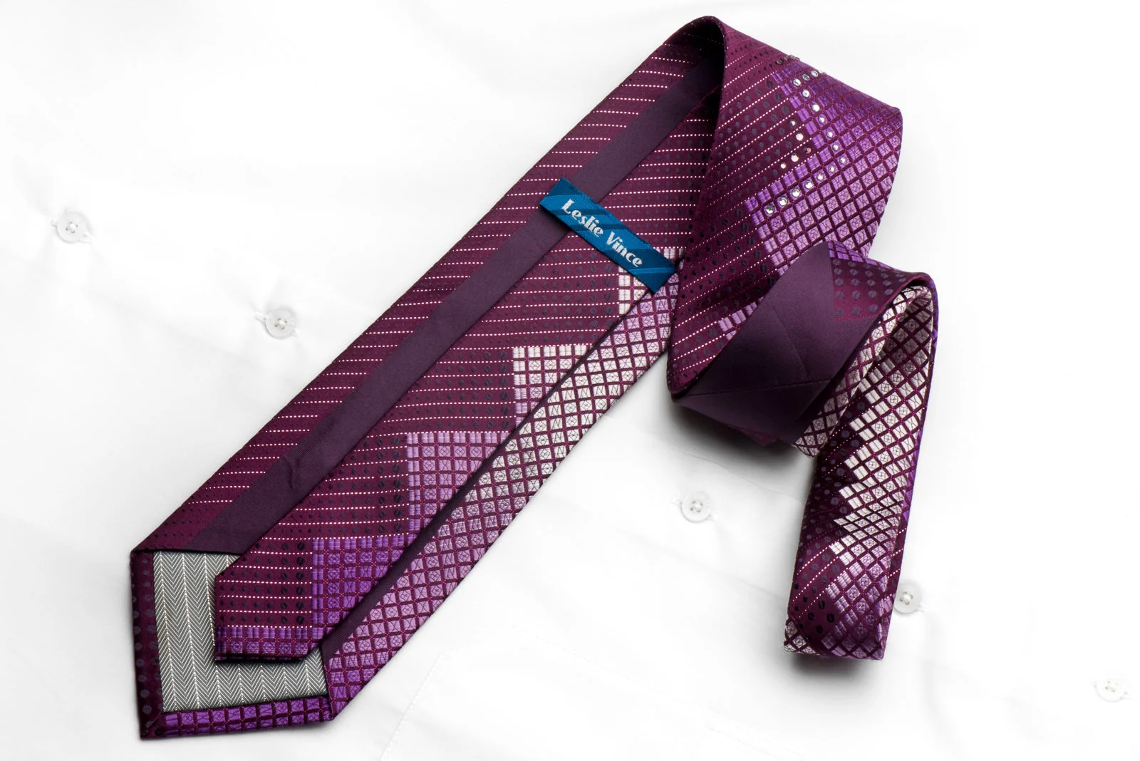 Leslie Vince Mens Silk Rhinestone Necktie Geometric On Purple With Sparkles - Image 3