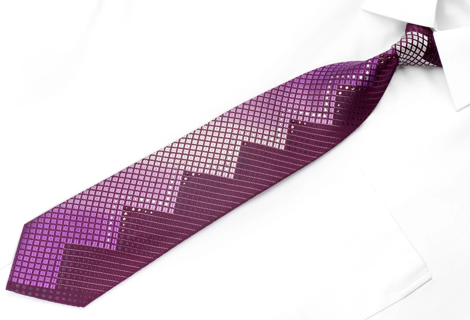Leslie Vince Mens Silk Rhinestone Necktie Geometric On Purple With Sparkles - Image 4