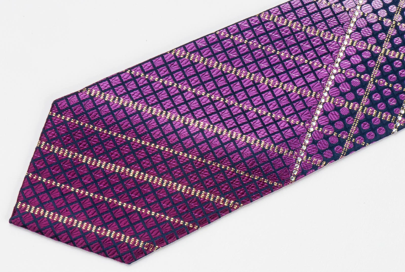 Leslie Vince Mens Woven Silk Necktie With Rhinestones Purple With Golden Sparkles - Image 4