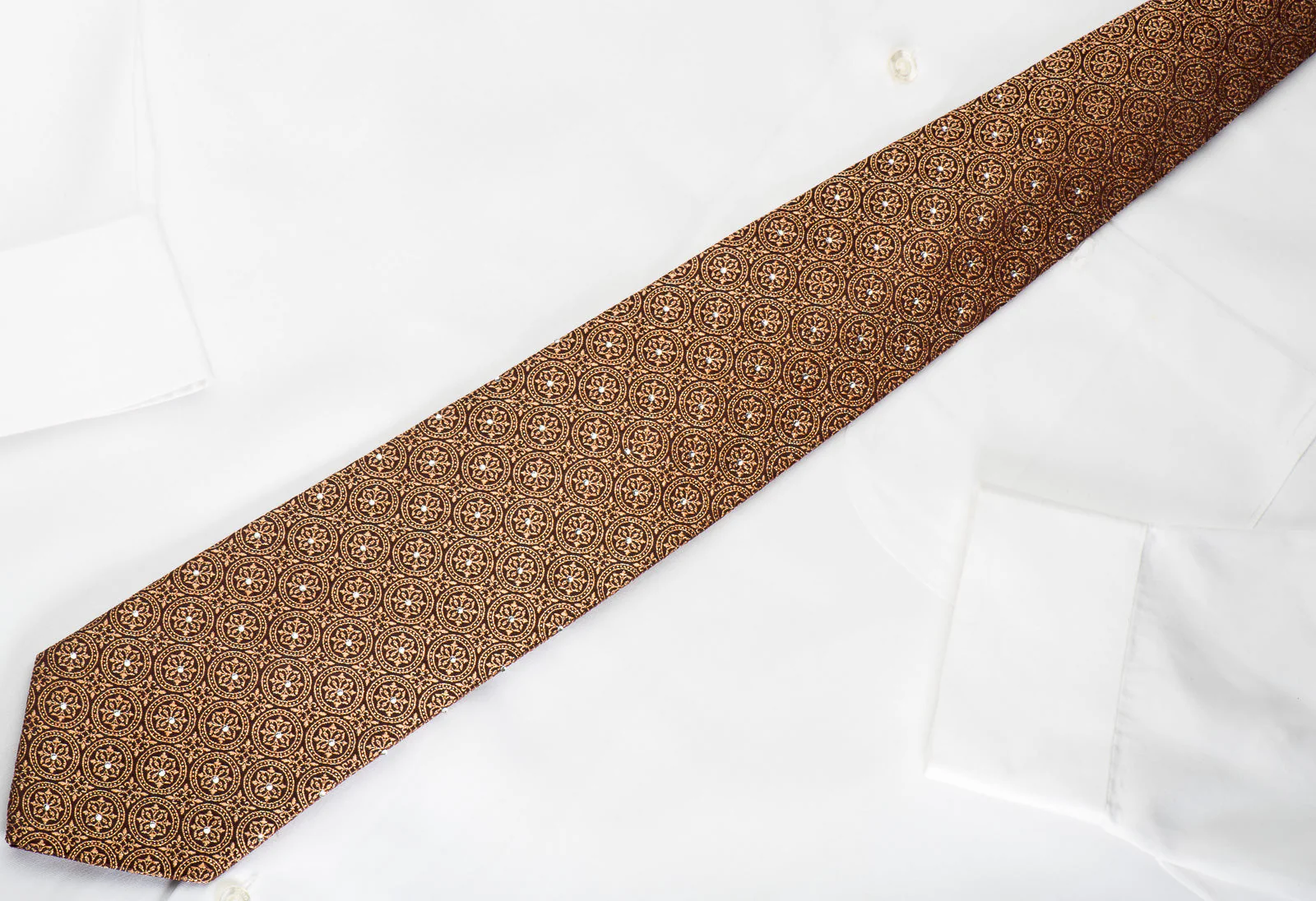 Leslie Vince Rhinestone Silk Necktie Flur de lis Medallions On Brown With Sparkles - Image 3
