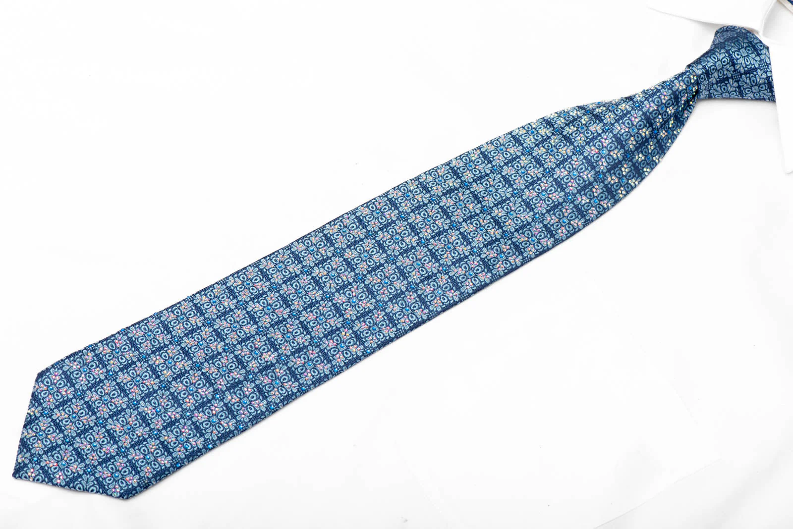 Light Blue Cartouche On Blue Rhinestone Silk Tie - Image 2