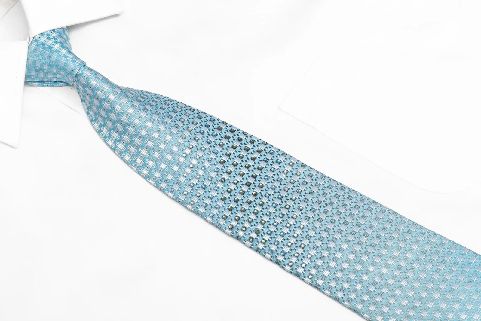Pale Blue Silver Checkered Rhinestone Silk Necktie With Blue Sparkles - Image 2
