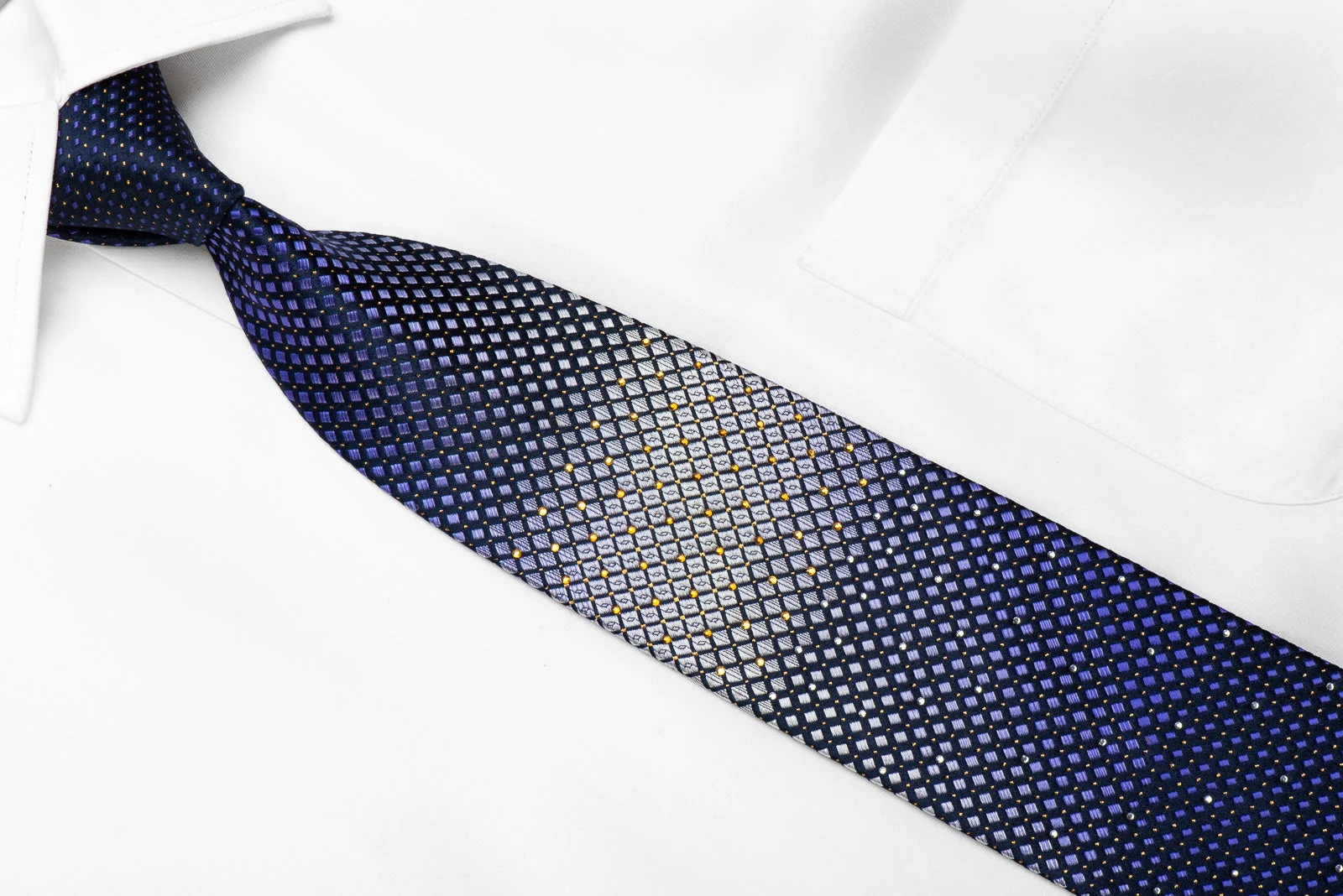 London Fog Men's Crystal Silk Necktie Purple Silver Geometric Checker On Navy With Sparkles - Image 3