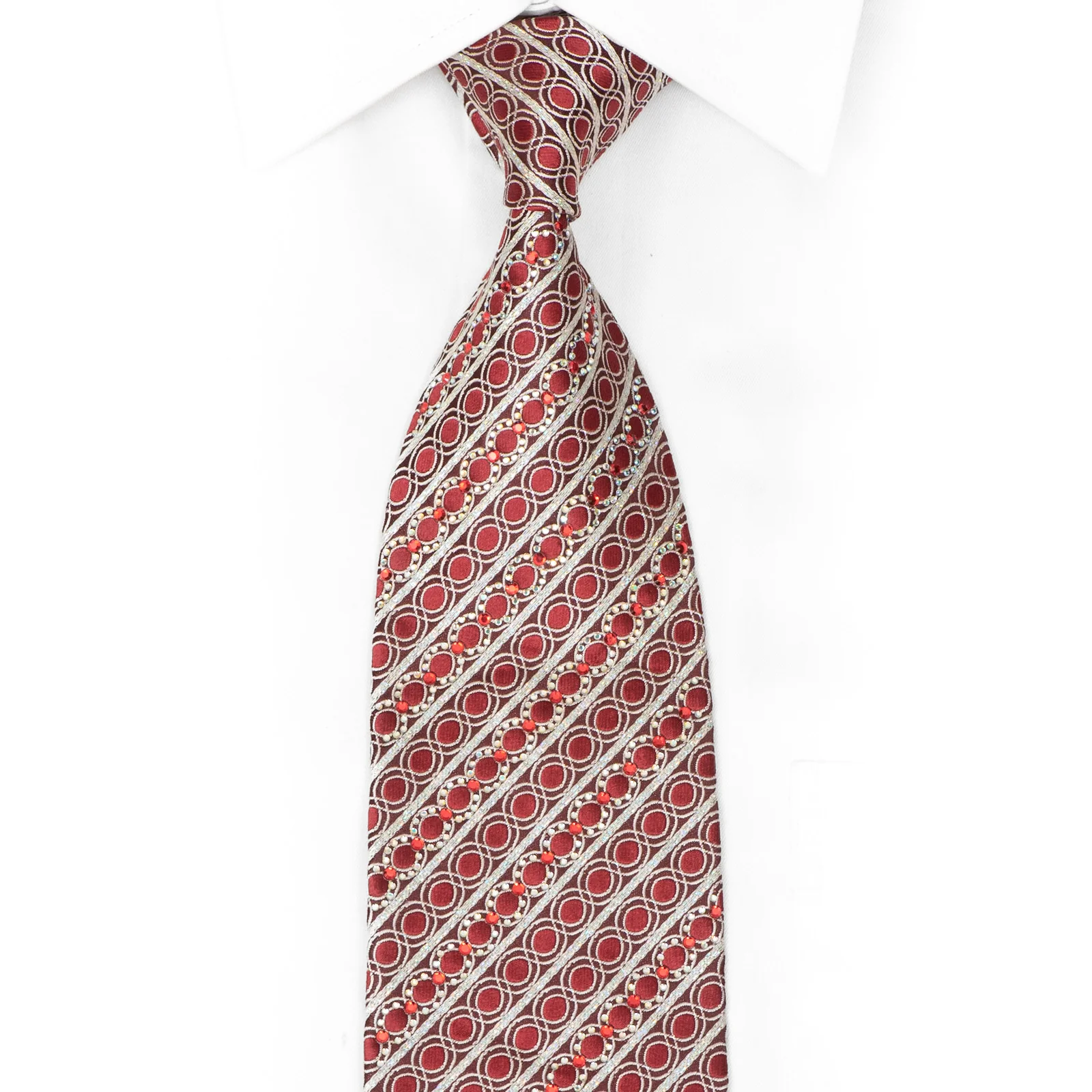 Silver Stripes & Waves On Burgundy Rhinestone Silk Tie With Sparkles - Image 2