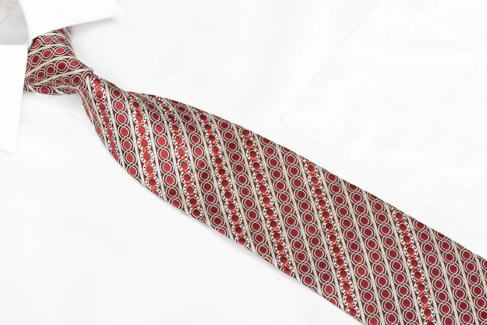 Silver Stripes & Waves On Burgundy Rhinestone Silk Tie With Sparkles - Image 3