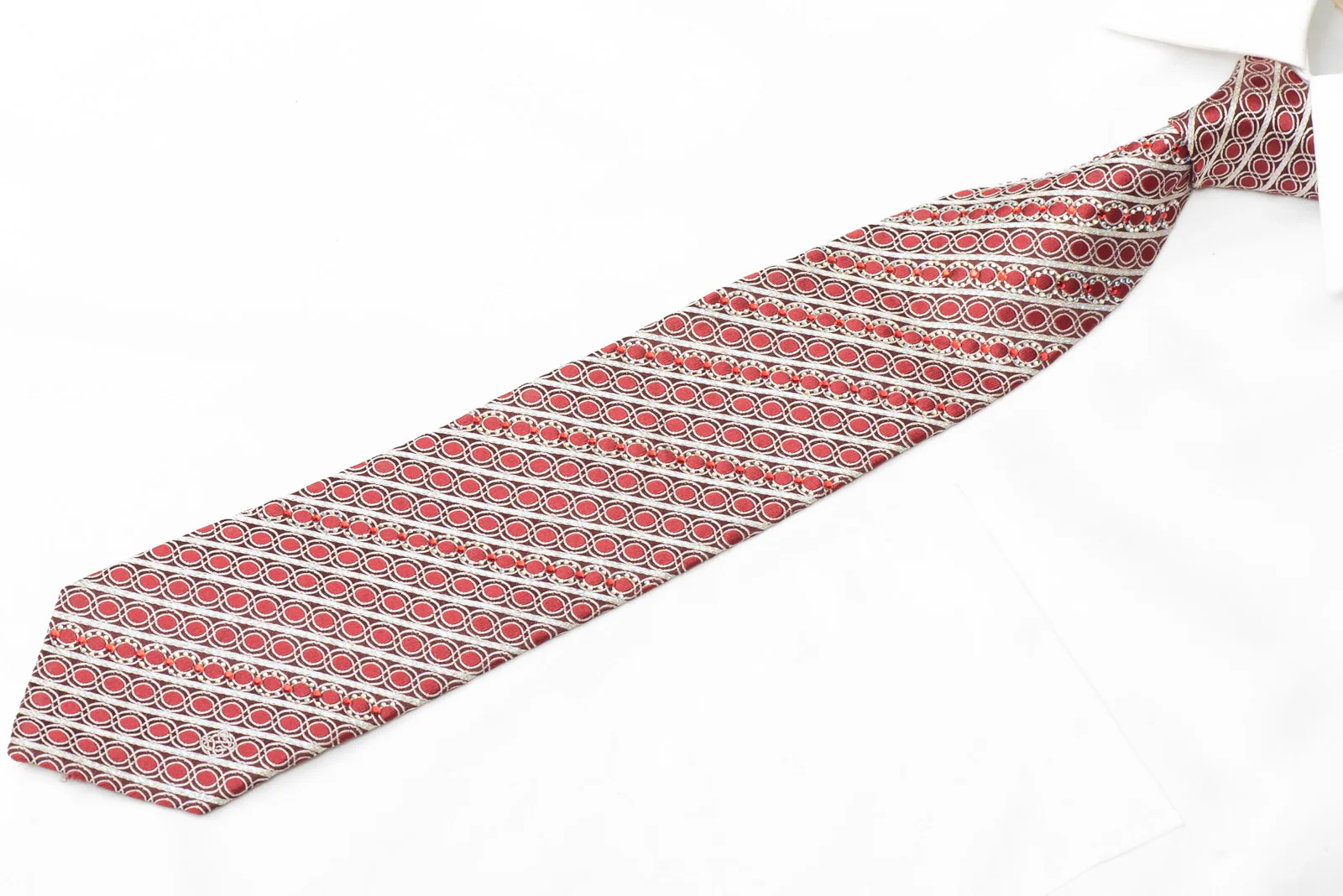 Silver Stripes & Waves On Burgundy Rhinestone Silk Tie With Sparkles - Image 4