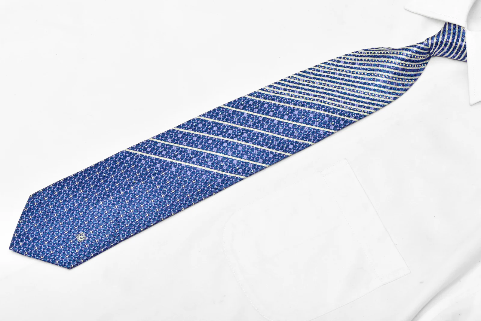 Silver Striped On Blue Geometric Rhinestone Silk Necktie With Blue Sparkles - Image 2