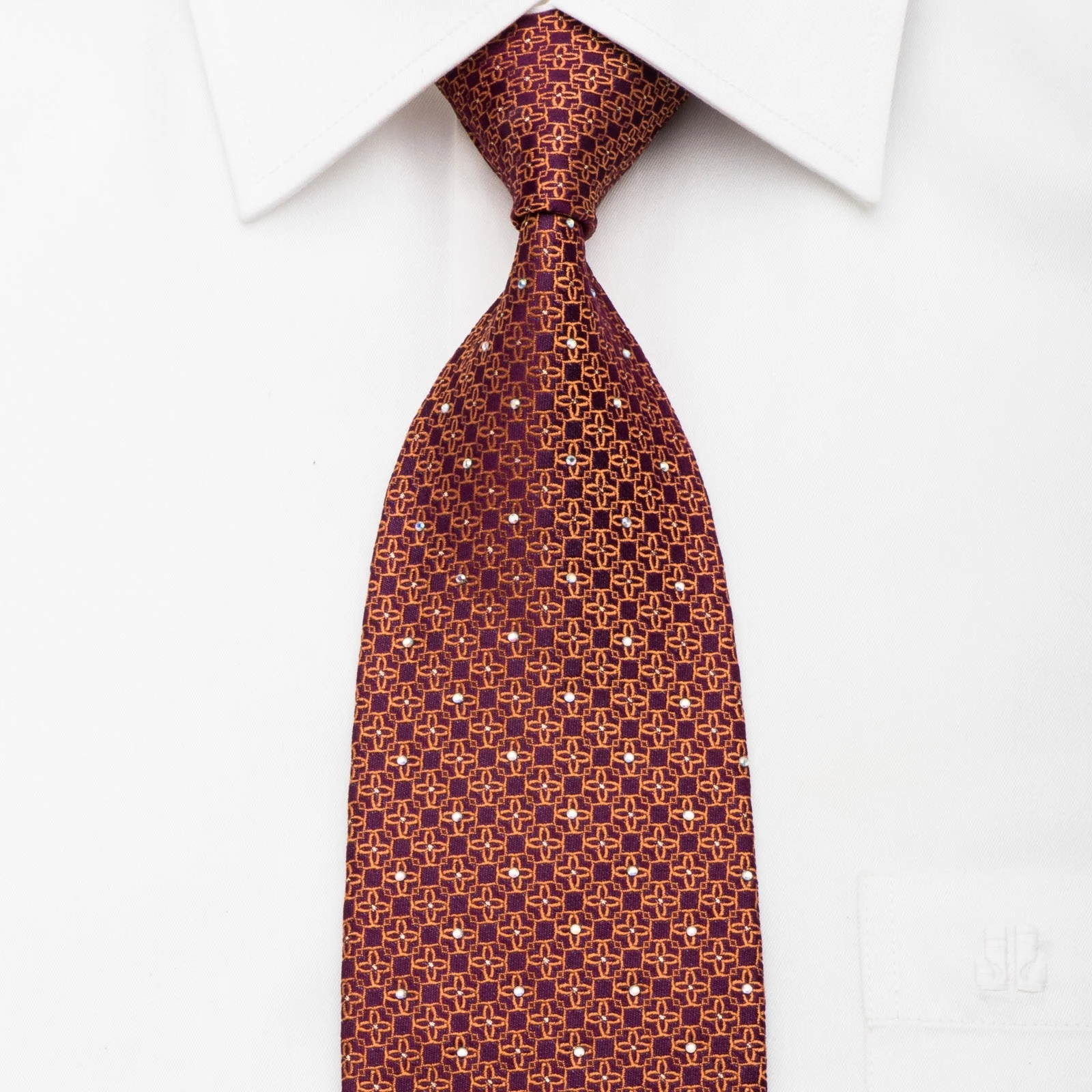 Louis Quatorze Crystal Rhinestone Necktie Gold Trellis On Burgundy Silk With Sparkles