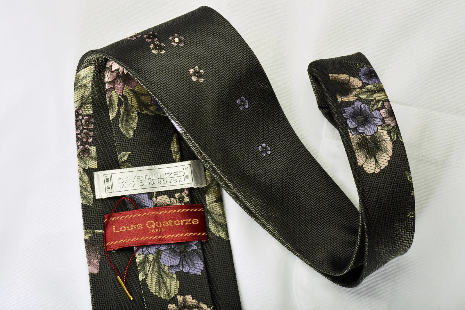 Louis Quatorze Crystallized With Swarovski Rhinestone Necktie Floral On Gray Herringbone - Image 3