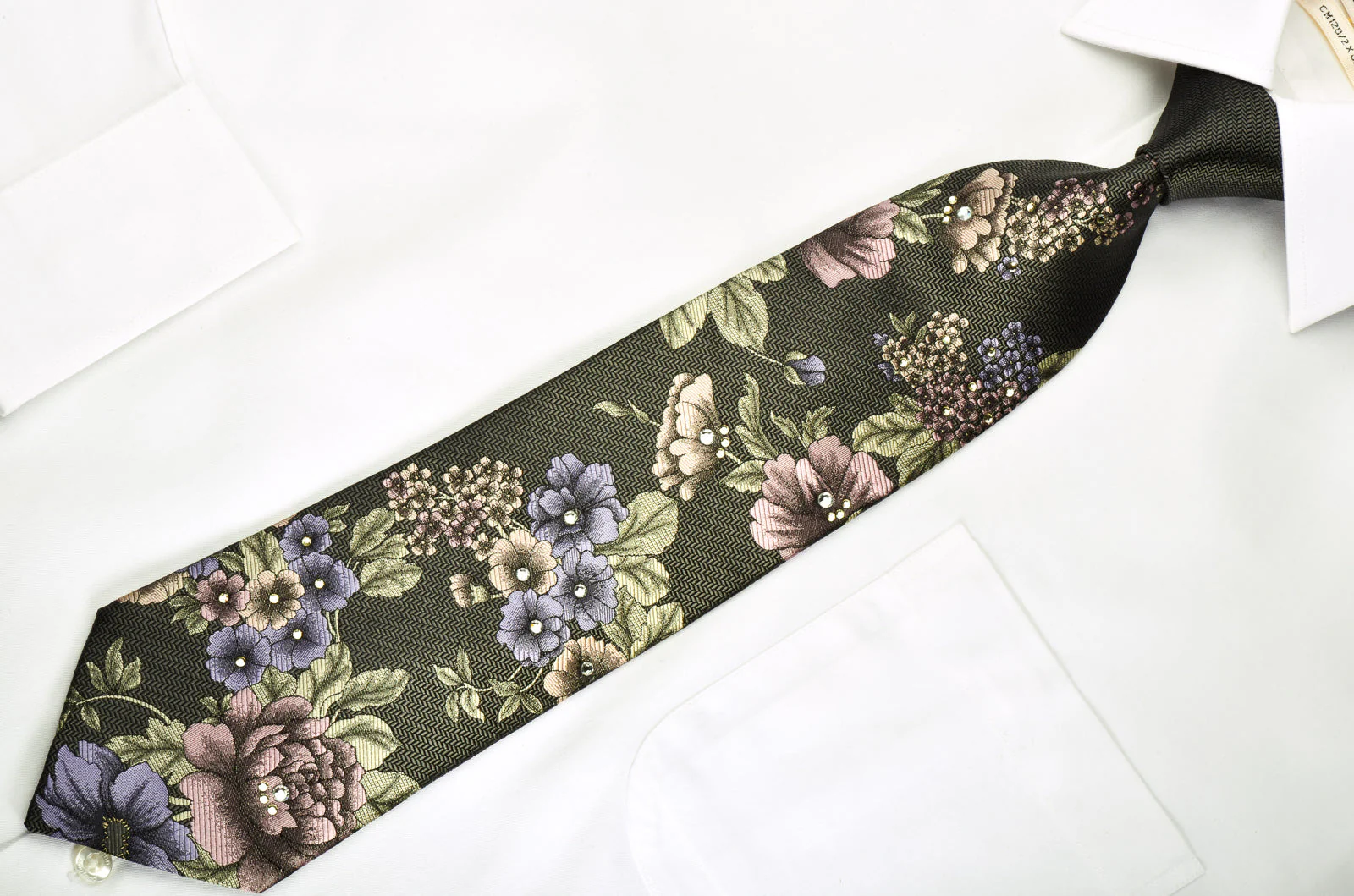 Louis Quatorze Crystallized With Swarovski Rhinestone Necktie Floral On Gray Herringbone - Image 4
