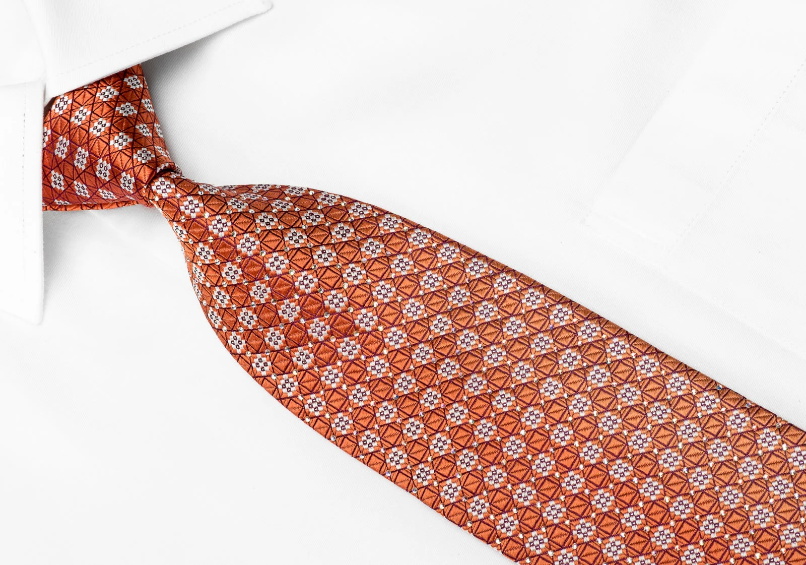 Louis Quatorze Men's Crystal Rhinestone Necktie Trellis On Orange With Silver Sparkles - Image 4