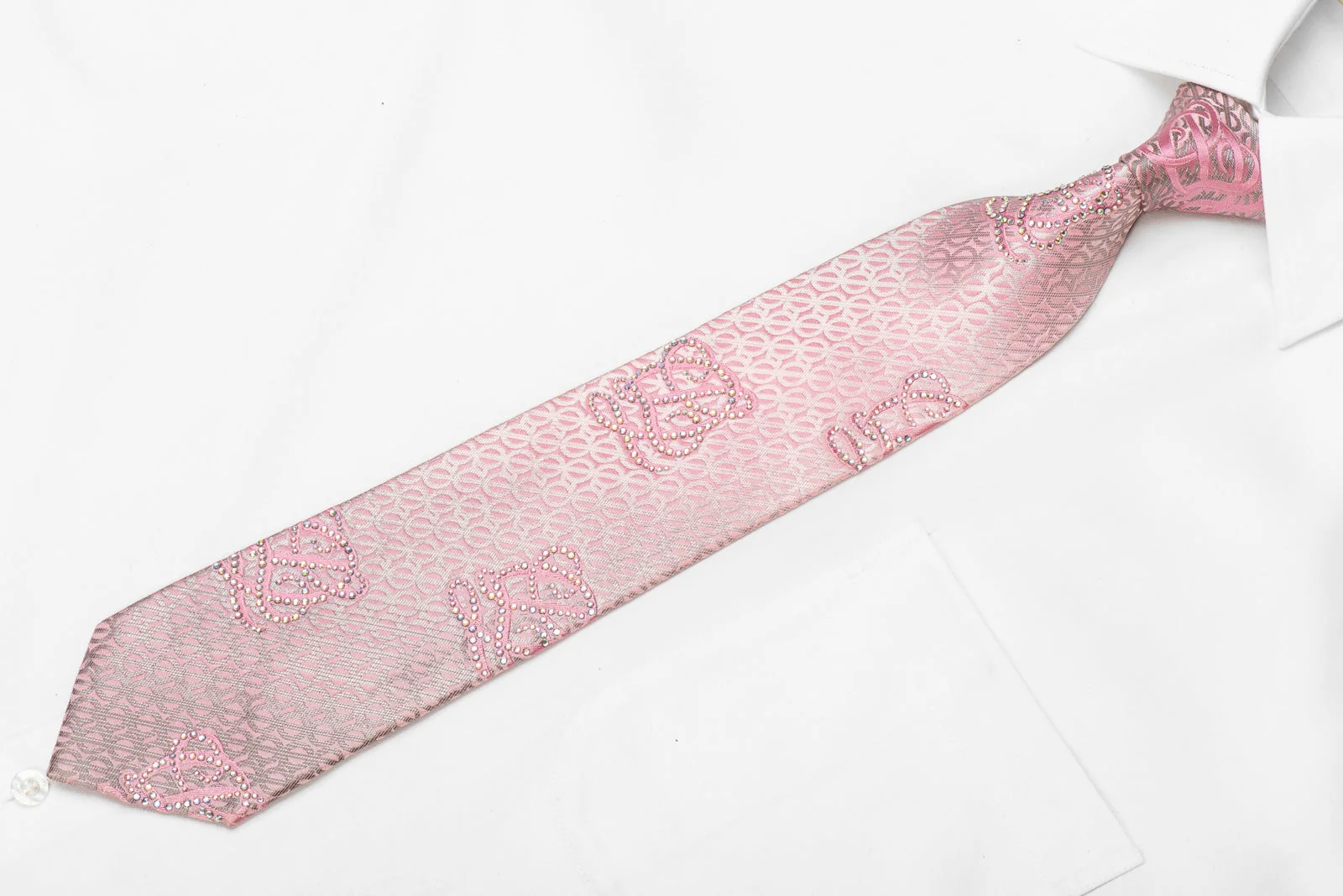 Louis Quatorze Men's Crystal Silk Necktie Silver Monogram On Pink Sparkling With Rhinestones - Image 3