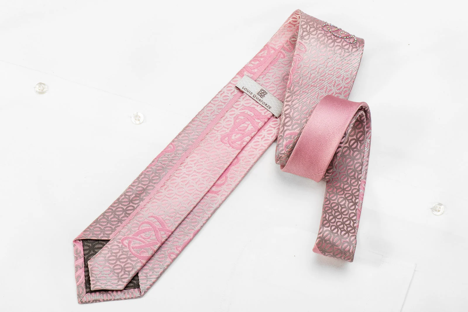 Louis Quatorze Men's Crystal Silk Necktie Silver Monogram On Pink Sparkling With Rhinestones - Image 4