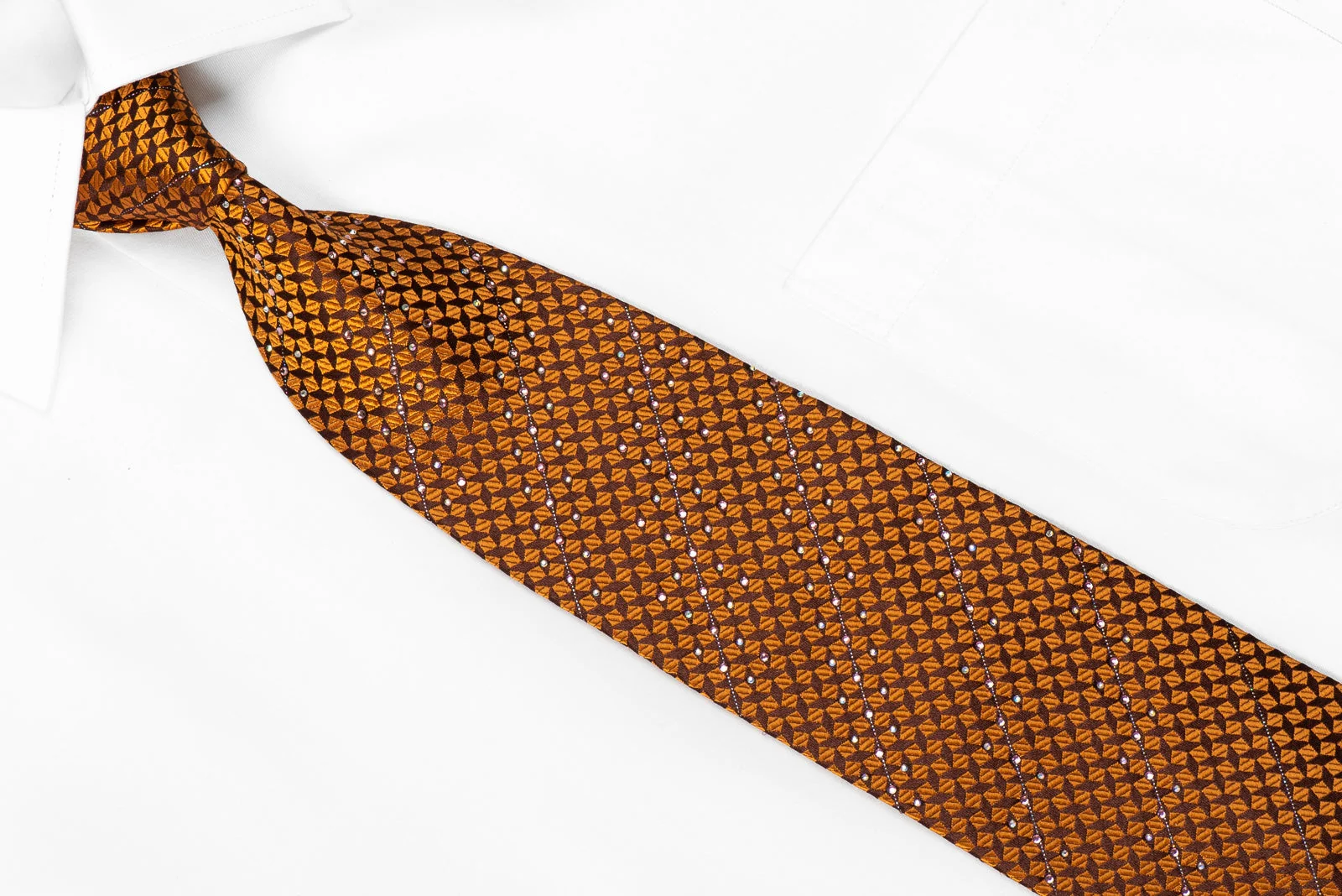 Louis Quatorze Men's Crystal Silk Tie Orange Squares On Brown With Silver Sparkles - Image 3