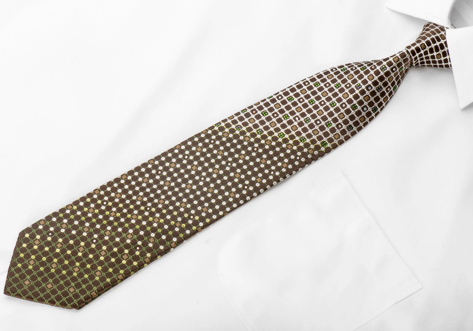 Louis Quatorze Men's Crystal Tie Geometric Trellis Dots On Brown Silk With Gold Sparkles - Image 4