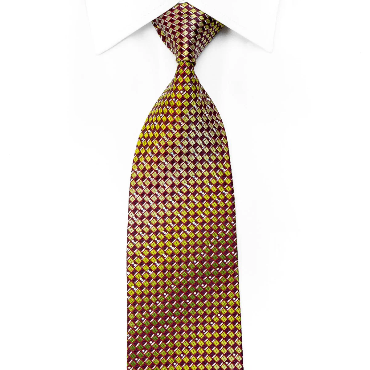 Men's Rhinestone Silk Necktie Green Geometric On Burgundy With Sparkles