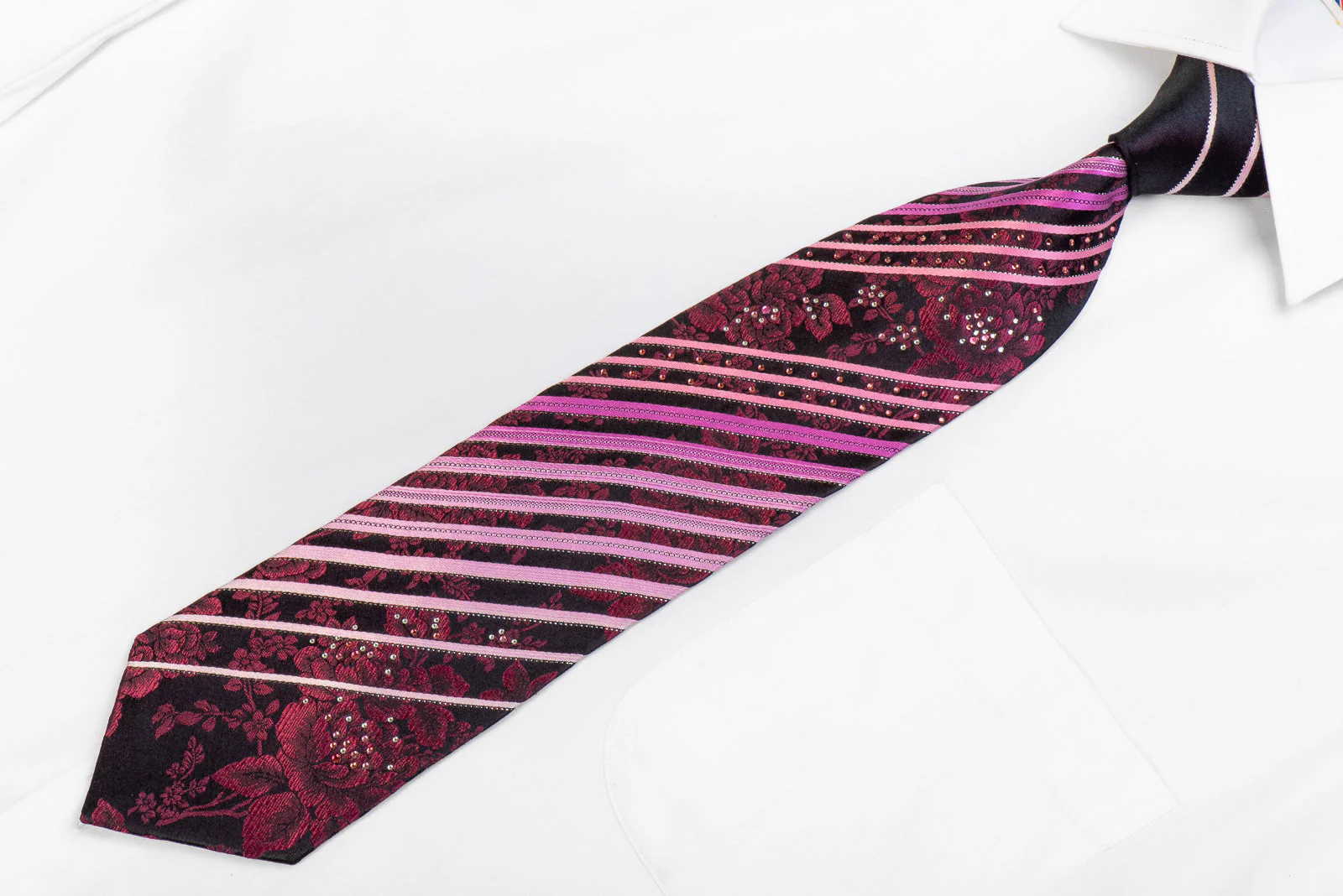 Louis Quatorze Men's Rhinestone Silk Necktie Striped Floral On Purple - Image 3