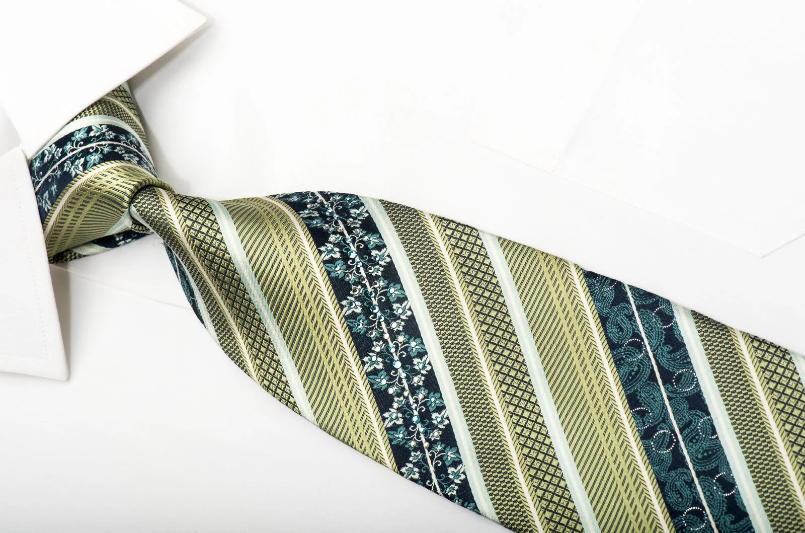 Louis Quatorze Men's Silk Necktie Bronze Striped On Blue Floral Sparkling With Swarovski Rhinestones - Image 3