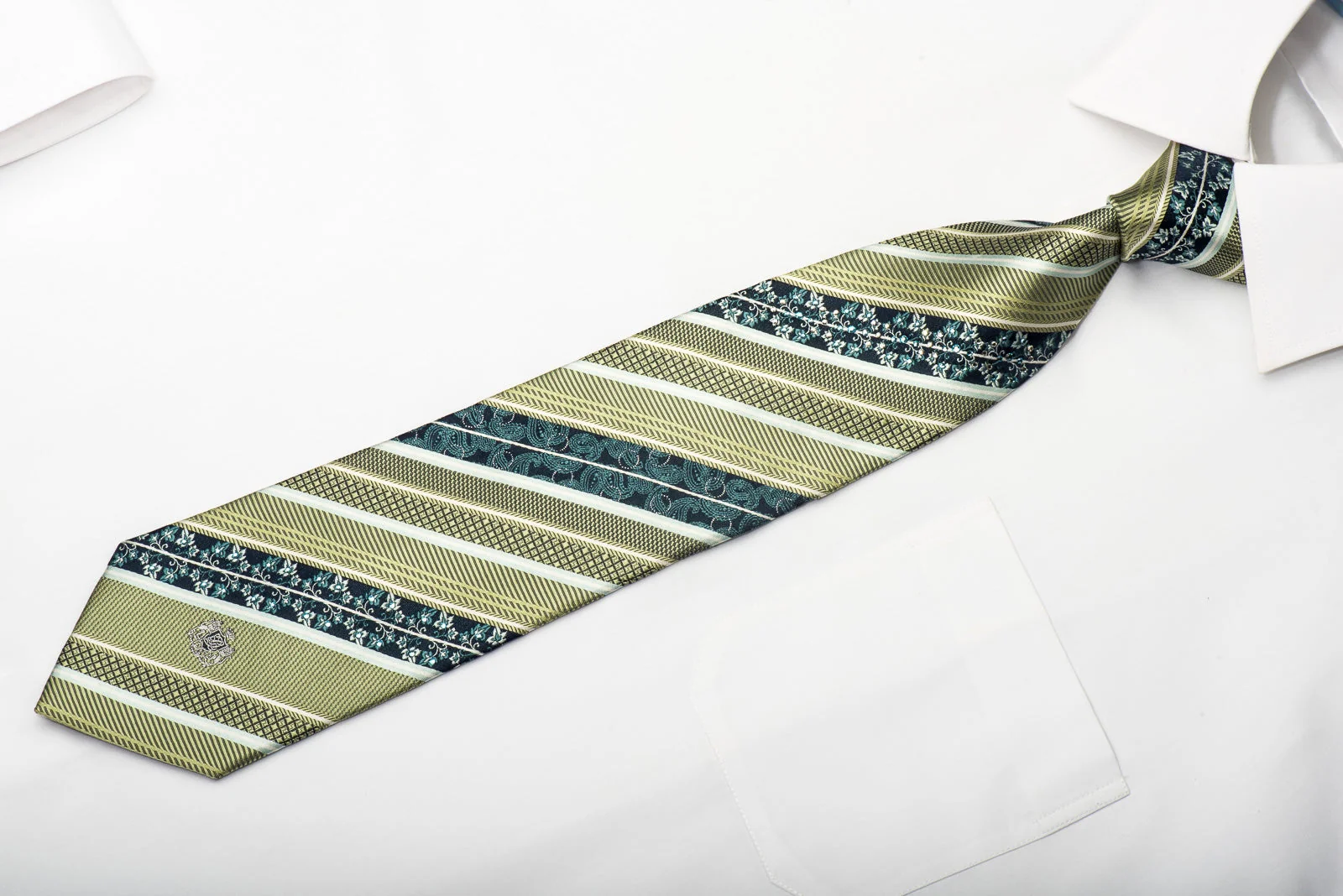 Louis Quatorze Men's Silk Necktie Bronze Striped On Blue Floral Sparkling With Swarovski Rhinestones - Image 5