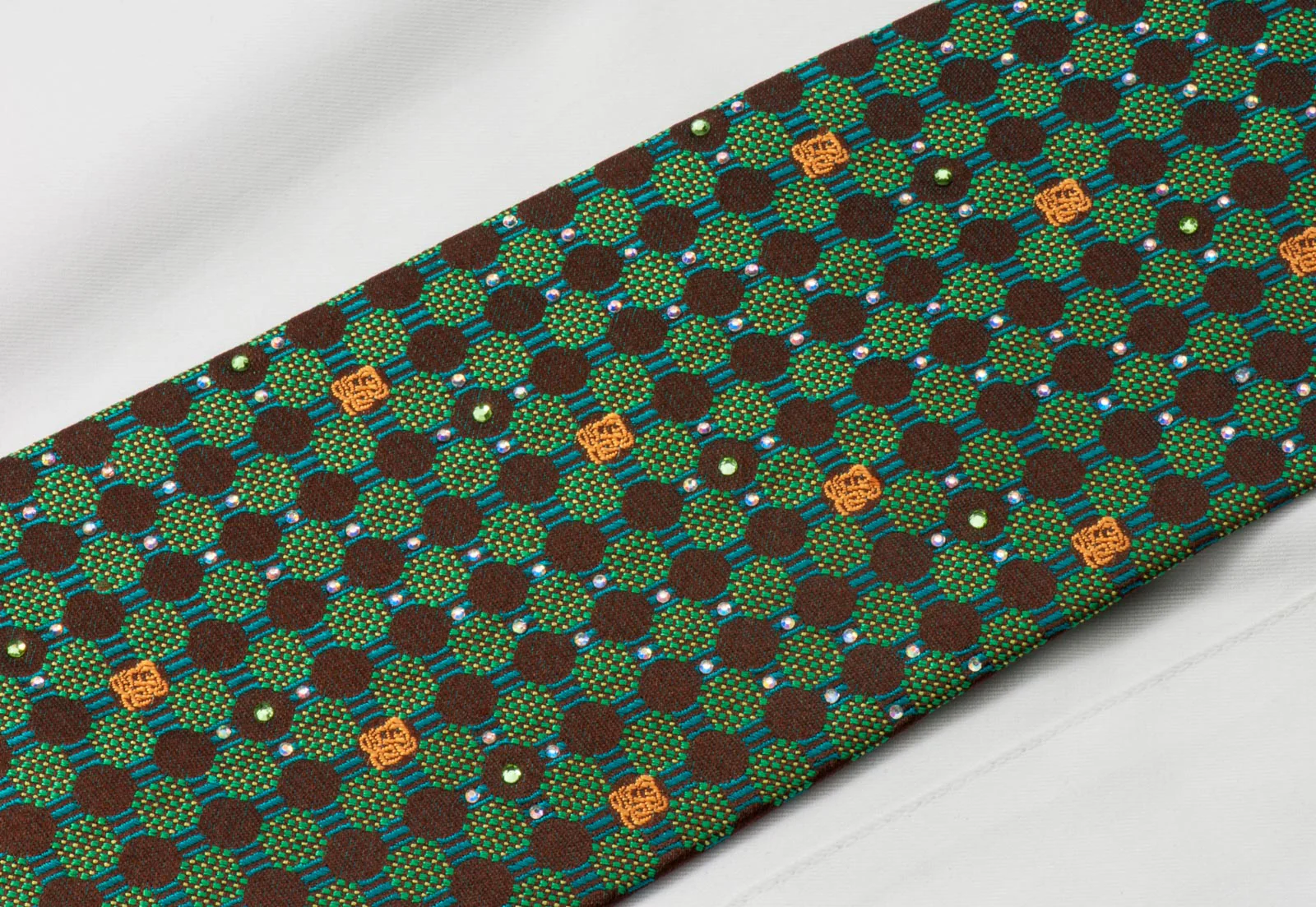 Louis Quatorze Men's Silk Necktie Emerald Geometric Design On Brown With Rhinestones - Image 5