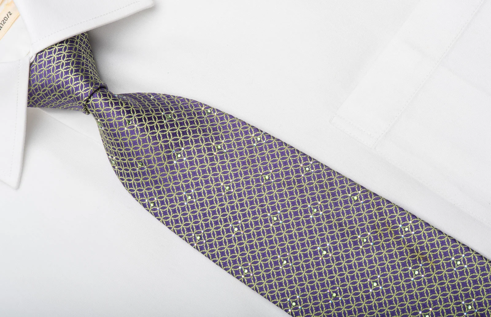 Men's Silk Necktie Green Interlocking Circles On Purple Sparkling With Rhinestones - Image 2