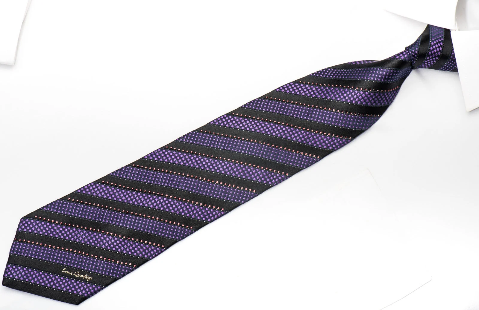 Louis Quatorze Men's Silk Necktie Purple Striped On Black Sparkling With Rhinestones - Image 2