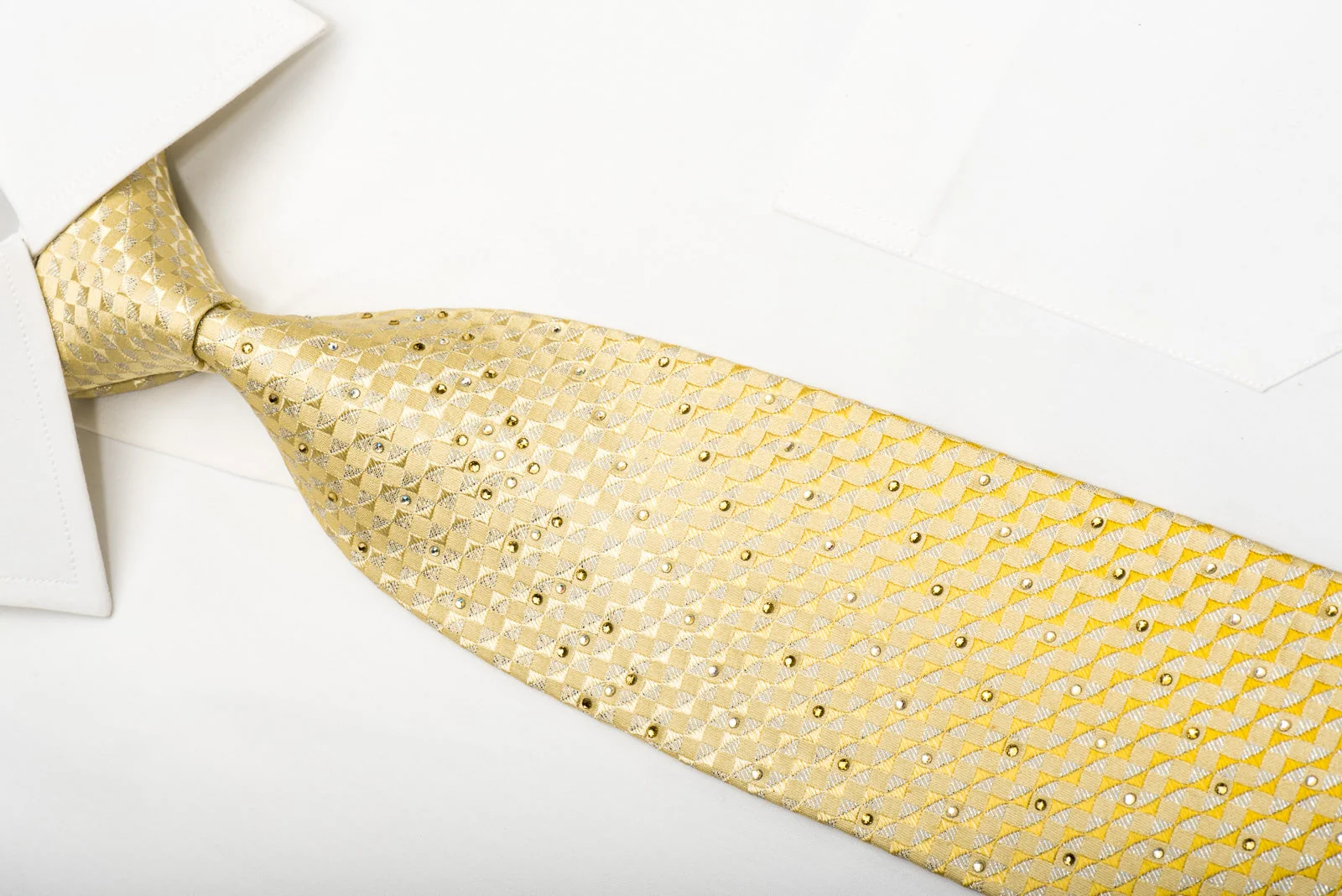 Louis Quatorze Men's Silk Necktie Yellow Checkered Sparkling With Rhinestones - Image 3