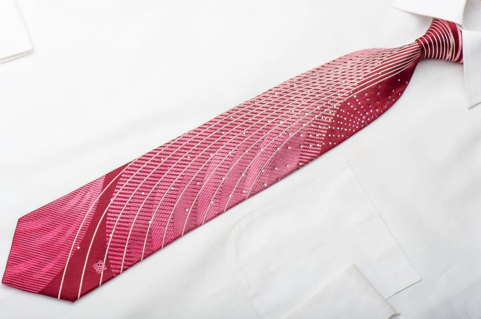 Louis Quatorze Men's Silk Tie Geometric Curls On Burgundy Sparkling With Crystal Rhinestones - Image 3