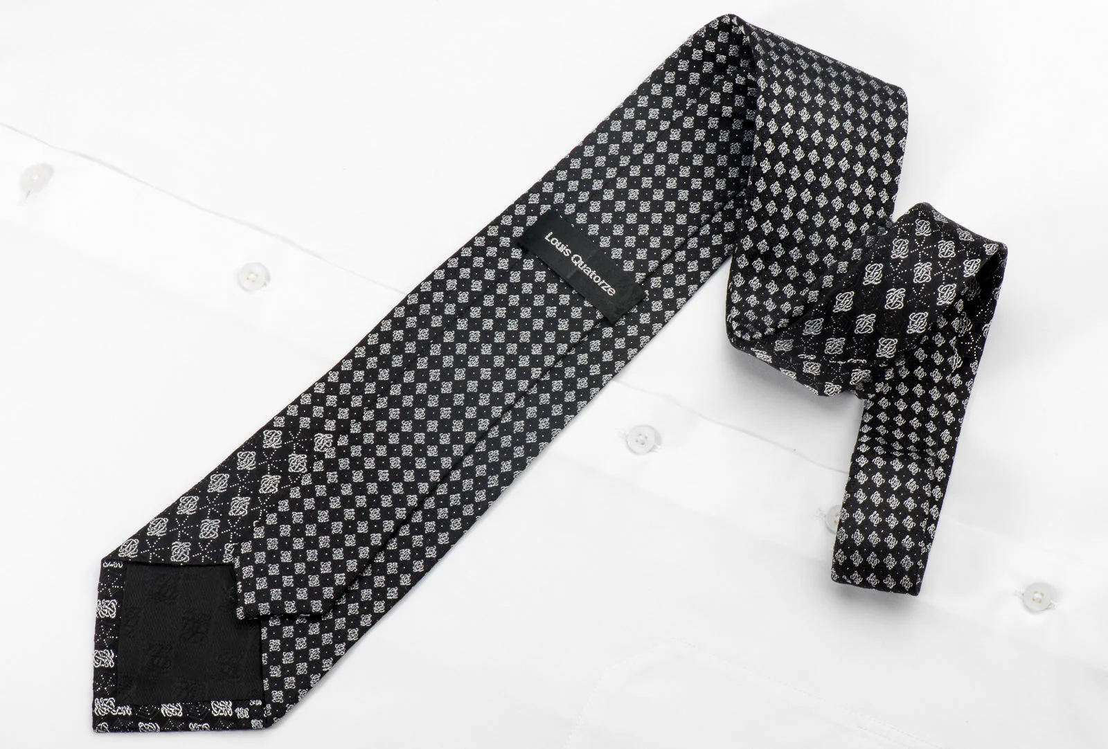 Louis Quatorze Men's Silk Tie Silver Black Checkered Sparkling With Crystal Rhinestones - Image 5