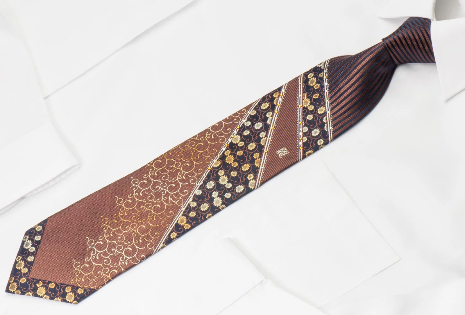 Louis Quatorze Men's Swarovski Rhinestone Silk Necktie Floral & Scrolls On Brown - Image 4