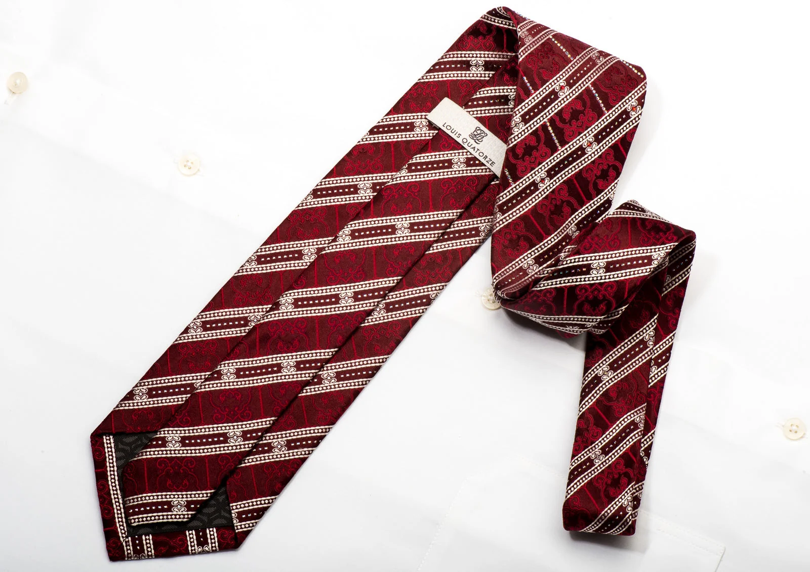 Louis Quatorze Mens Silk Necktie Silver Striped On Burgundy Sparkling With Rhinestones - Image 4